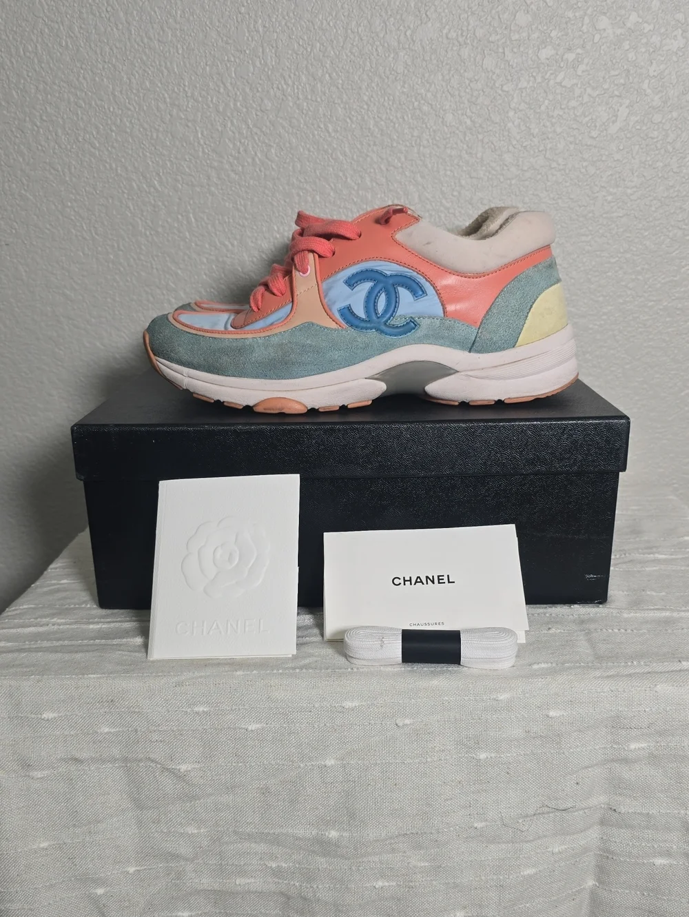 CHANEL Multicolor Leather & Suede Sneaker with Coral and Blue Accents